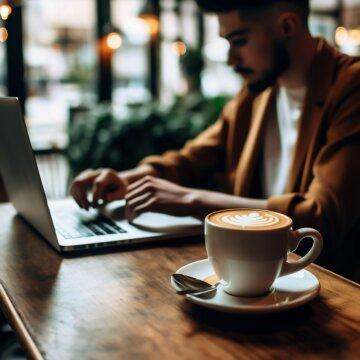 Мужчина работает за ноутбуком с чашкой кофе. Фото Свободно для коммерческого использования, Атрибуция не требуется. Бесплатное стоковое фото для свободного скачивания