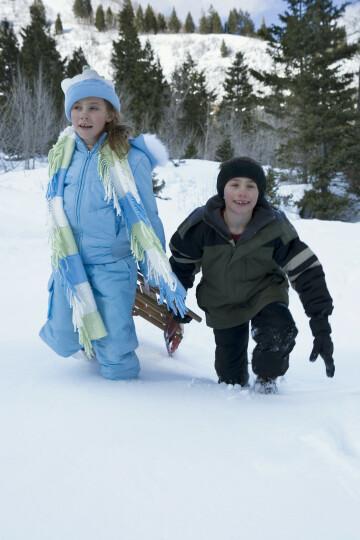 Мальчик и девочка  поднимаются на холм с санями. Фото Free for commercial use, No attribution required. Бесплатное стоковое фото для свободного скачивания